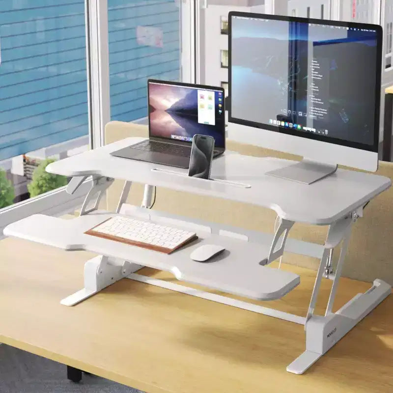Convertitore scrivania da 38" regolabile in altezza a molla a gas con vassoio per tastiera, adatto a 2 monitor, colore bianco
