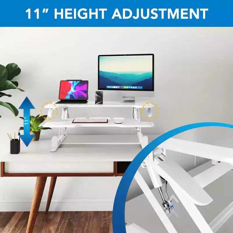 Convertitore scrivania da 38" regolabile in altezza a molla a gas con vassoio per tastiera, adatto a 2 monitor, colore bianco
