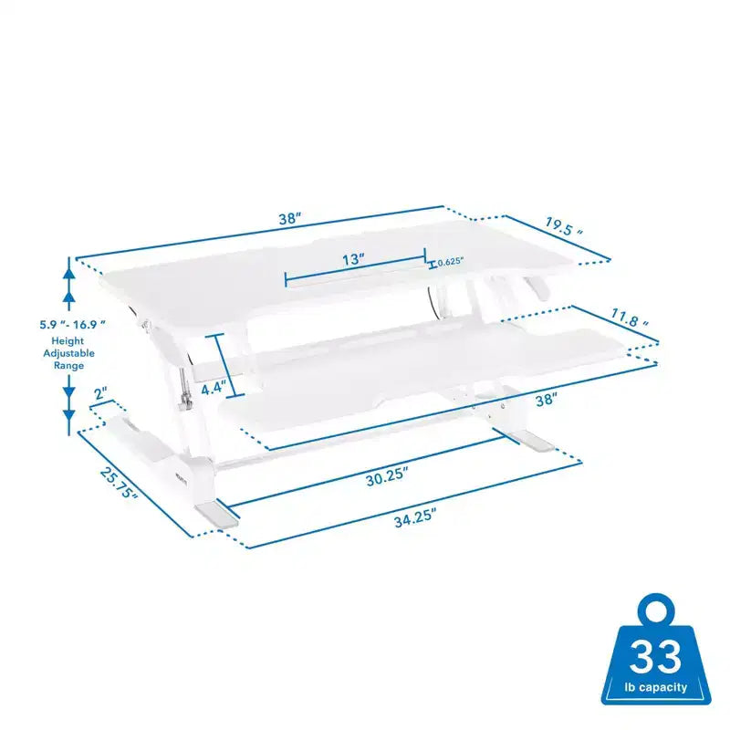 Convertitore scrivania da 38" regolabile in altezza a molla a gas con vassoio per tastiera, adatto a 2 monitor, colore bianco