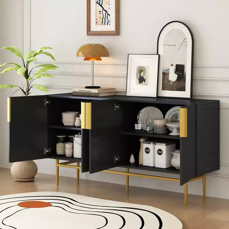 Credenza moderna con 4 ante, ripiani regolabili e gambe in metallo, 152 cm L x 78,5 cm H