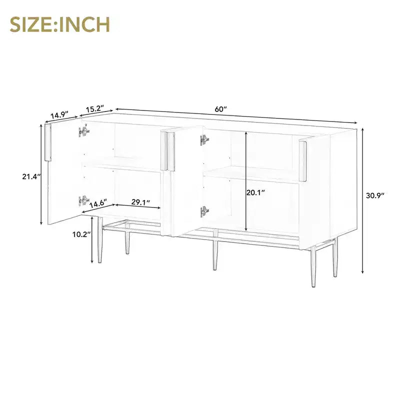 Credenza moderna con 4 ante, ripiani regolabili e gambe in metallo, 152 cm L x 78,5 cm H