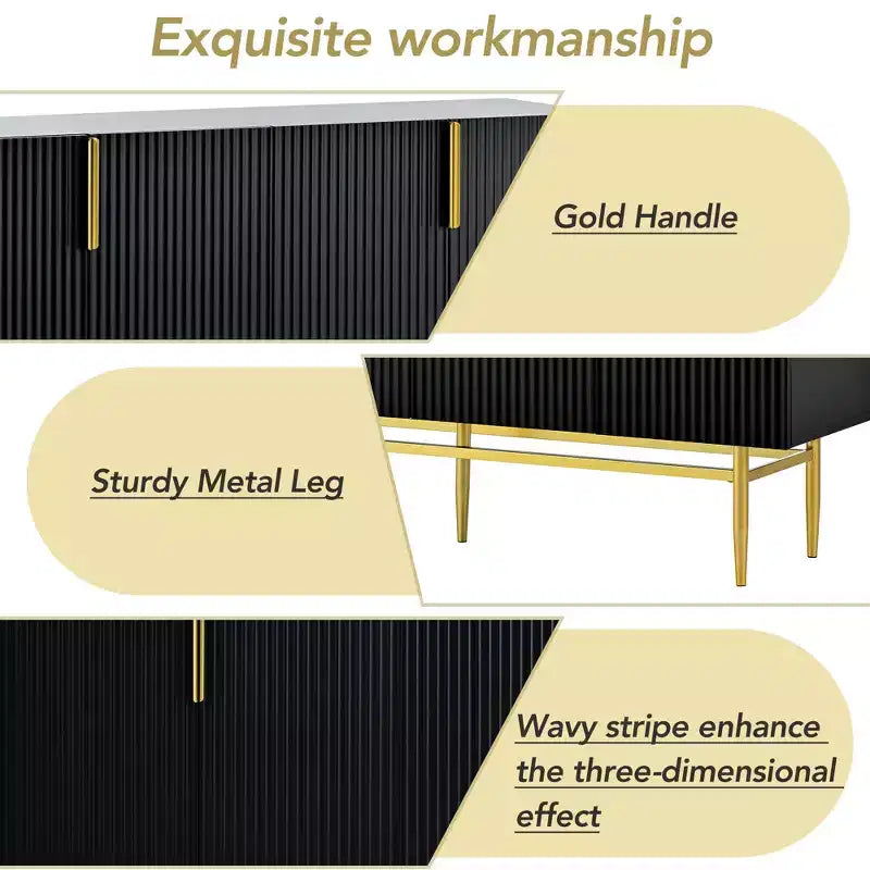 Credenza moderna con 4 ante, ripiani regolabili e gambe in metallo, 152 cm L x 78,5 cm H