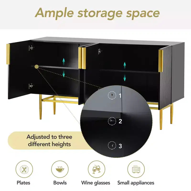 Credenza moderna con 4 ante, ripiani regolabili e gambe in metallo, 152 cm L x 78,5 cm H