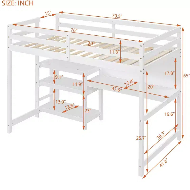 Letto a soppalco con scrivania a ripiani e lavagna, pino e MDF, 136 kg (matrimoniale) / 158 kg (completo)