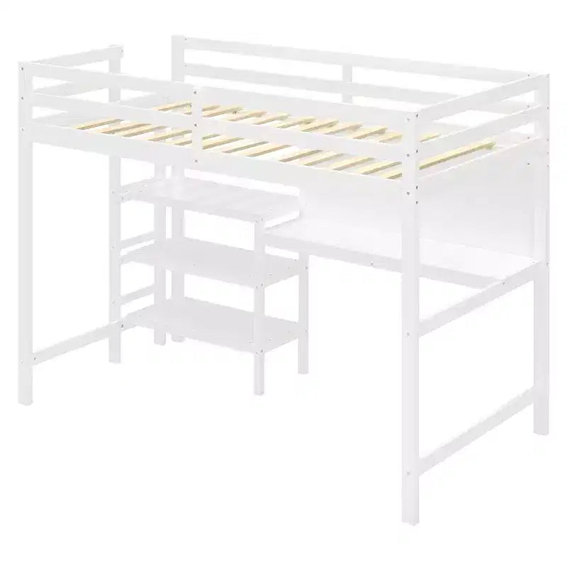 Letto a soppalco con scrivania a ripiani e lavagna, pino e MDF, 136 kg (matrimoniale) / 158 kg (completo)