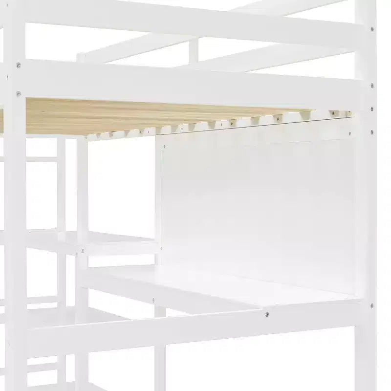 Letto a soppalco con scrivania a ripiani e lavagna, pino e MDF, 136 kg (matrimoniale) / 158 kg (completo)