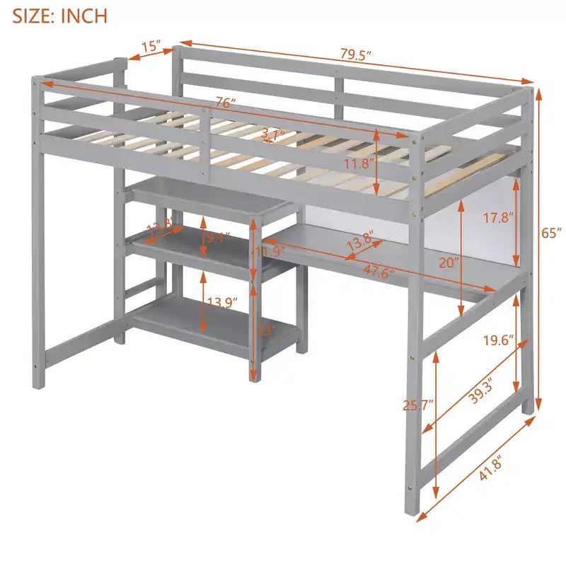 Letto a soppalco con scrivania a ripiani e lavagna, pino e MDF, 136 kg (matrimoniale) / 158 kg (completo)