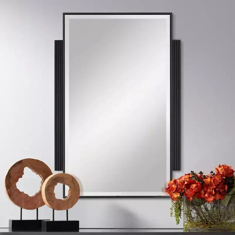 Specchio da parete rettangolare con bordo smussato e cornice in metallo nero, 27"L x 40"A, orizzontale o verticale