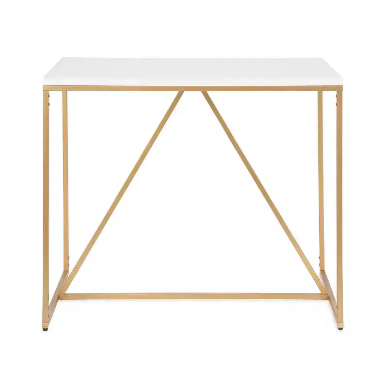 Tavolo da pub Modern Glam con ripiano bianco e base geometrica dorata, 107 cm L x 61 cm P x 91 cm A, 2 posti