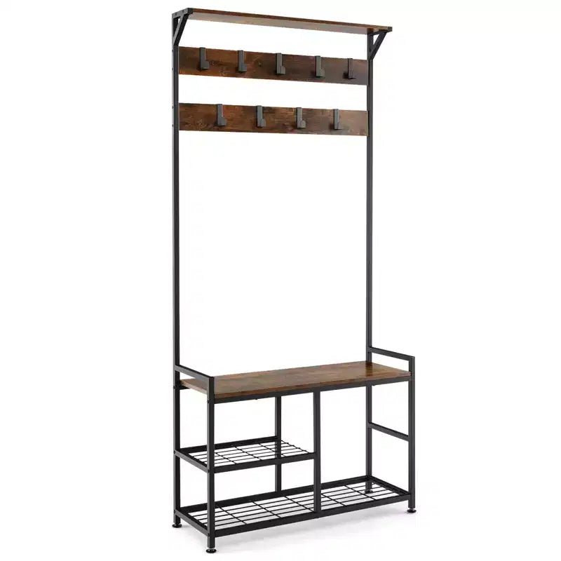 Appendiabiti da ingresso industriale 3 in 1 con panca portascarpe 9 ganci, 84 cm L x 183 cm A, panca da 100 kg