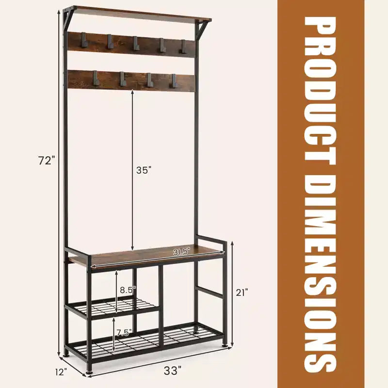 Appendiabiti da ingresso industriale 3 in 1 con panca portascarpe 9 ganci, 84 cm L x 183 cm A, panca da 100 kg