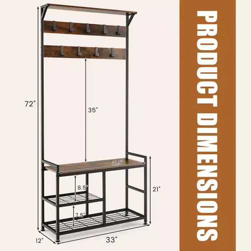 Appendiabiti da ingresso industriale 3 in 1 con panca portascarpe 9 ganci, 84 cm L x 183 cm A, panca da 100 kg