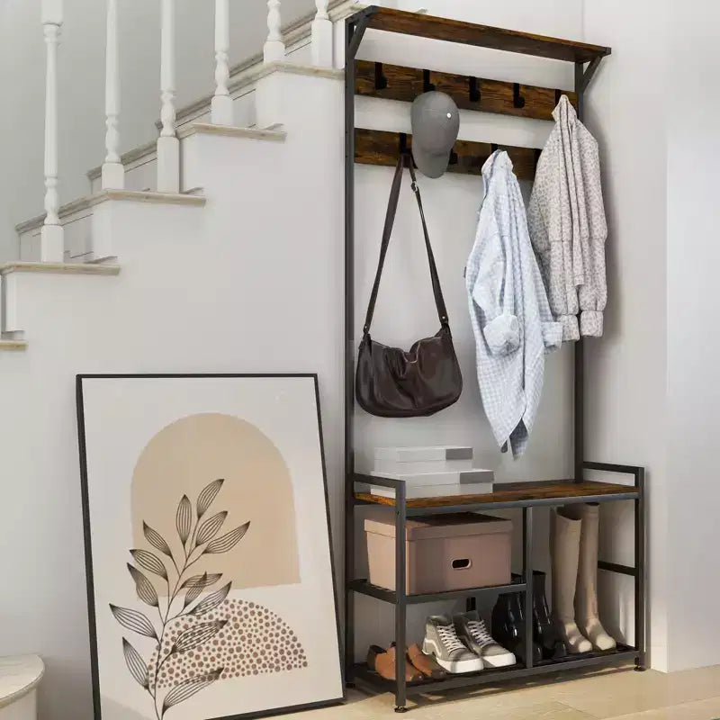 Appendiabiti da ingresso industriale 3 in 1 con panca portascarpe 9 ganci, 84 cm L x 183 cm A, panca da 100 kg