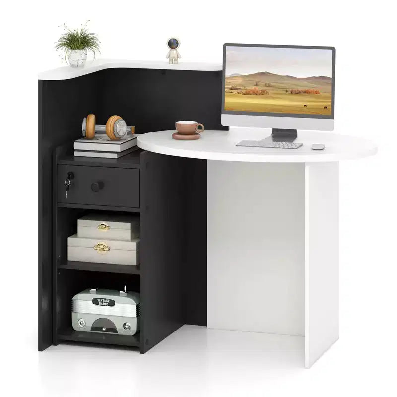 Bancone reception a L con cassetto chiudibile a chiave e ripiano aperto, 48"L x 27.5"P x 39.5"H
