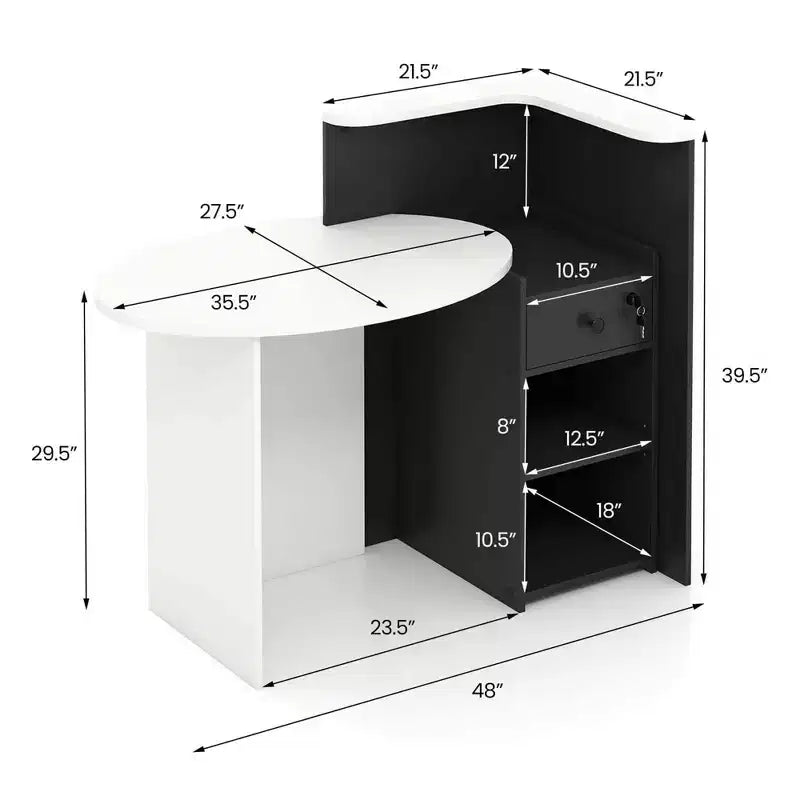 Bancone reception a L con cassetto chiudibile a chiave e ripiano aperto, 48"L x 27.5"P x 39.5"H