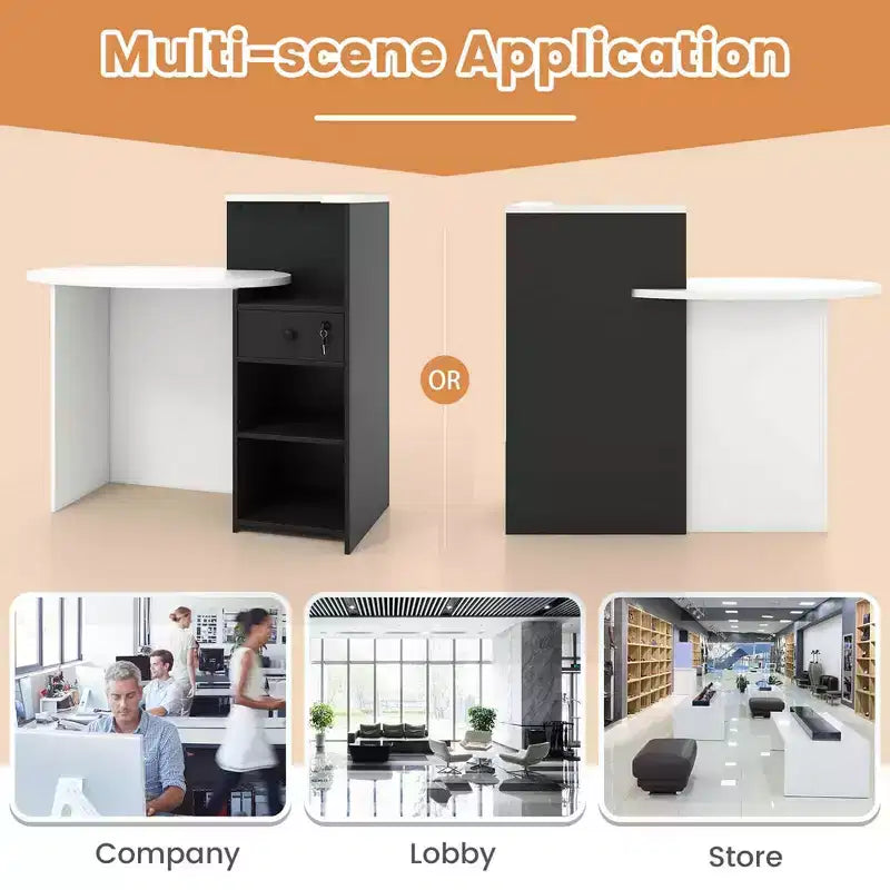 Bancone reception a L con cassetto chiudibile a chiave e ripiano aperto, 48"L x 27.5"P x 39.5"H
