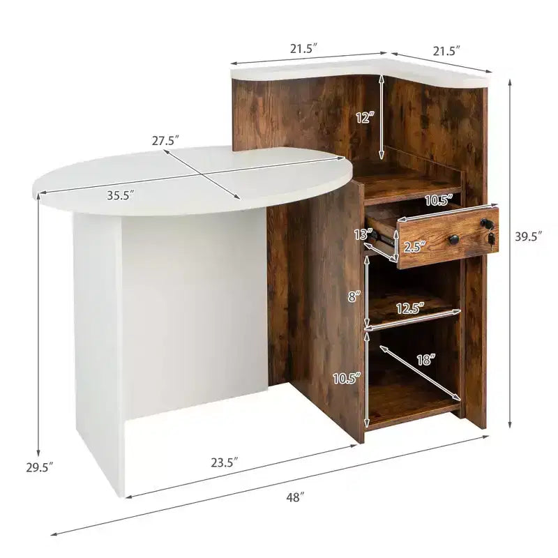 Bancone reception a L con cassetto chiudibile a chiave e ripiano aperto, 48"L x 27.5"P x 39.5"H