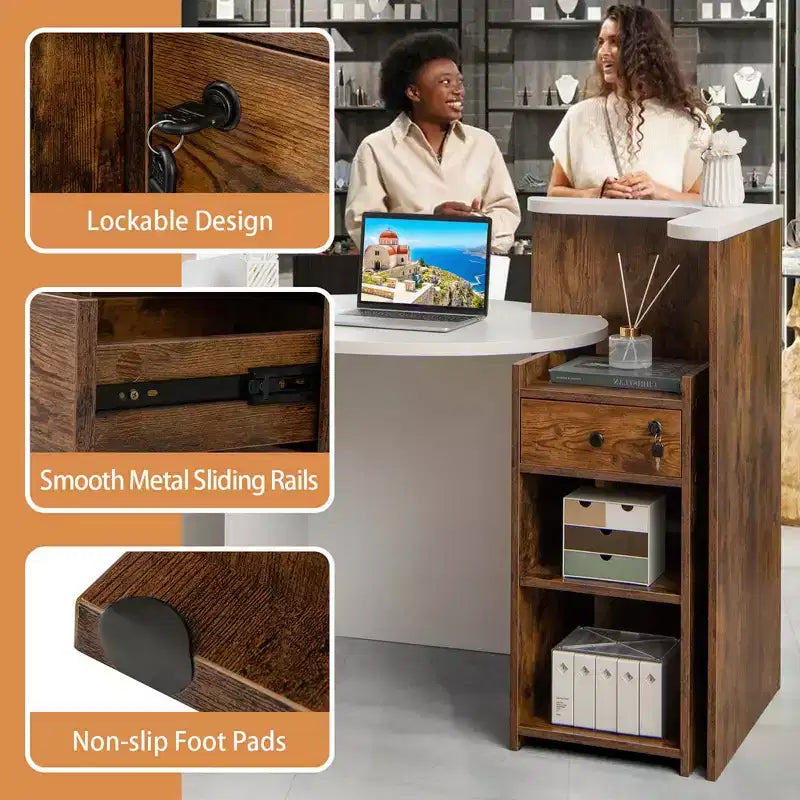 Bancone reception a L con cassetto chiudibile a chiave e ripiano aperto, 48"L x 27.5"P x 39.5"H