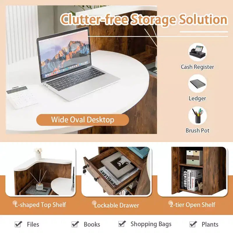 Bancone reception a L con cassetto chiudibile a chiave e ripiano aperto, 48"L x 27.5"P x 39.5"H