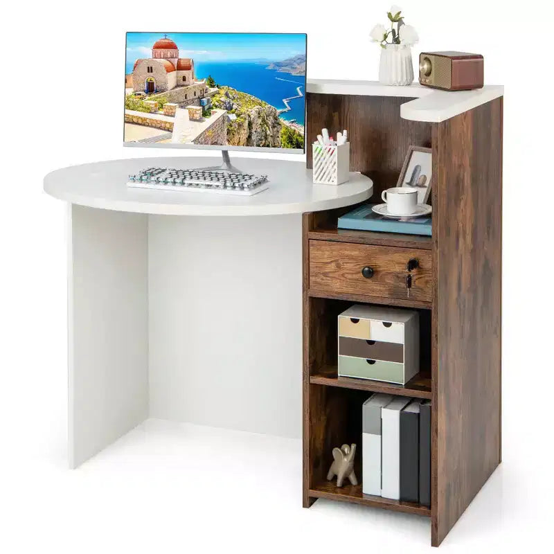 Bancone reception a L con cassetto chiudibile a chiave e ripiano aperto, 48"L x 27.5"P x 39.5"H