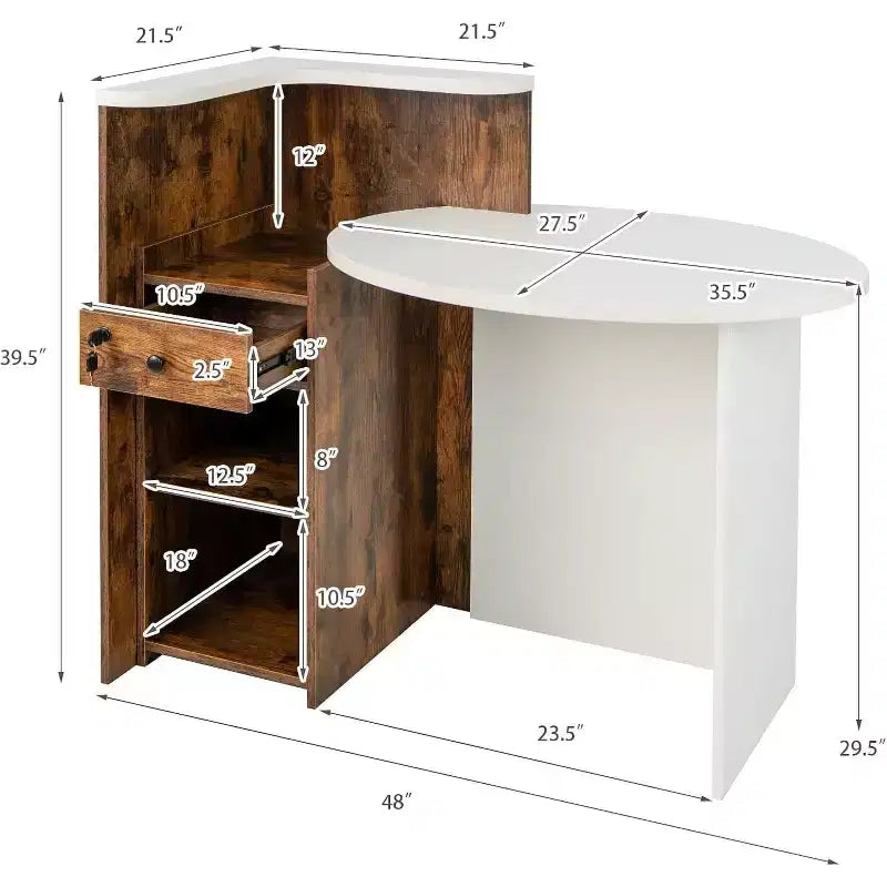 Bancone reception a L con cassetto chiudibile a chiave e ripiano aperto, 48"L x 27.5"P x 39.5"H