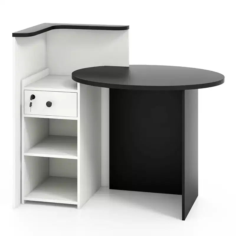 Bancone reception a L con cassetto chiudibile a chiave e ripiano aperto, 48"L x 27.5"P x 39.5"H