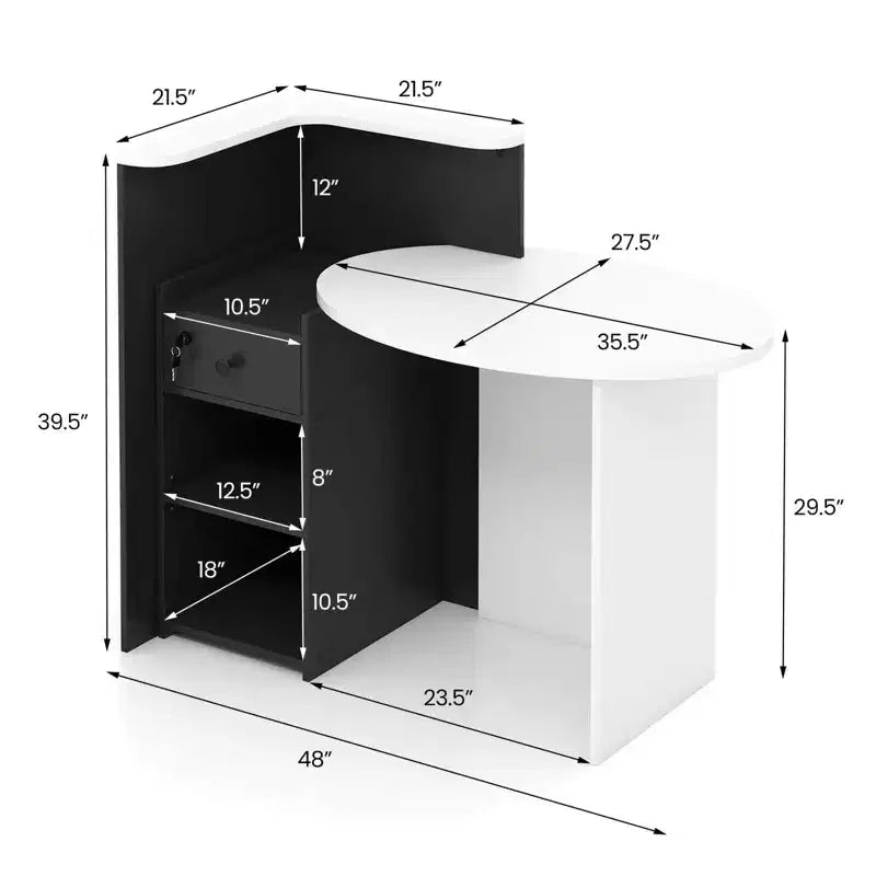Bancone reception a L con cassetto chiudibile a chiave e ripiano aperto, 48"L x 27.5"P x 39.5"H