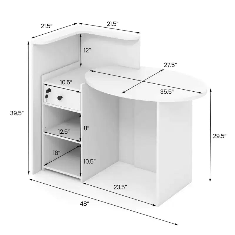 Bancone reception a L con cassetto chiudibile a chiave e ripiano aperto, 48"L x 27.5"P x 39.5"H
