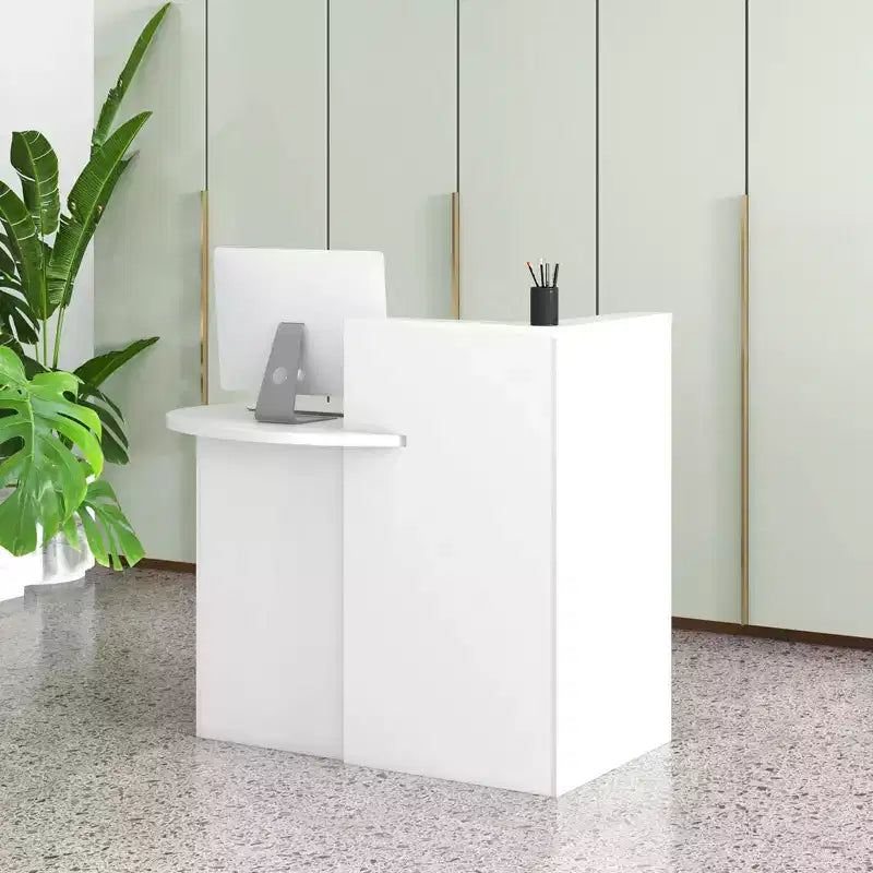 Bancone reception a L con cassetto chiudibile a chiave e ripiano aperto, 48"L x 27.5"P x 39.5"H