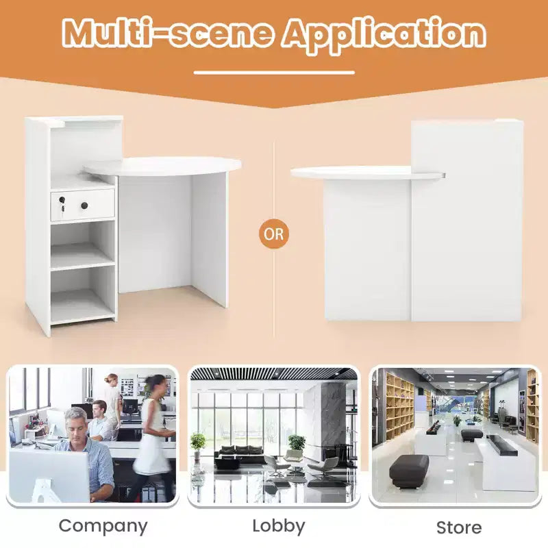 Bancone reception a L con cassetto chiudibile a chiave e ripiano aperto, 48"L x 27.5"P x 39.5"H