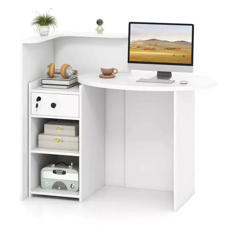 Bancone reception a L con cassetto chiudibile a chiave e ripiano aperto, 48"L x 27.5"P x 39.5"H