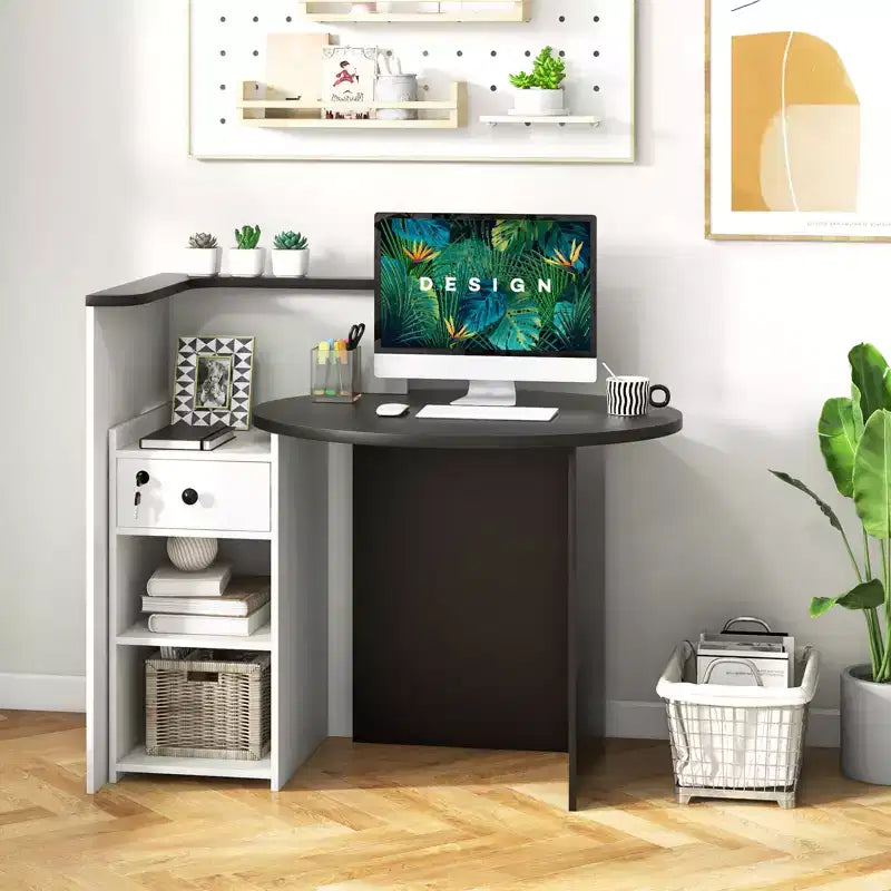 Bancone reception a L con cassetto chiudibile a chiave e ripiano aperto, 48"L x 27.5"P x 39.5"H