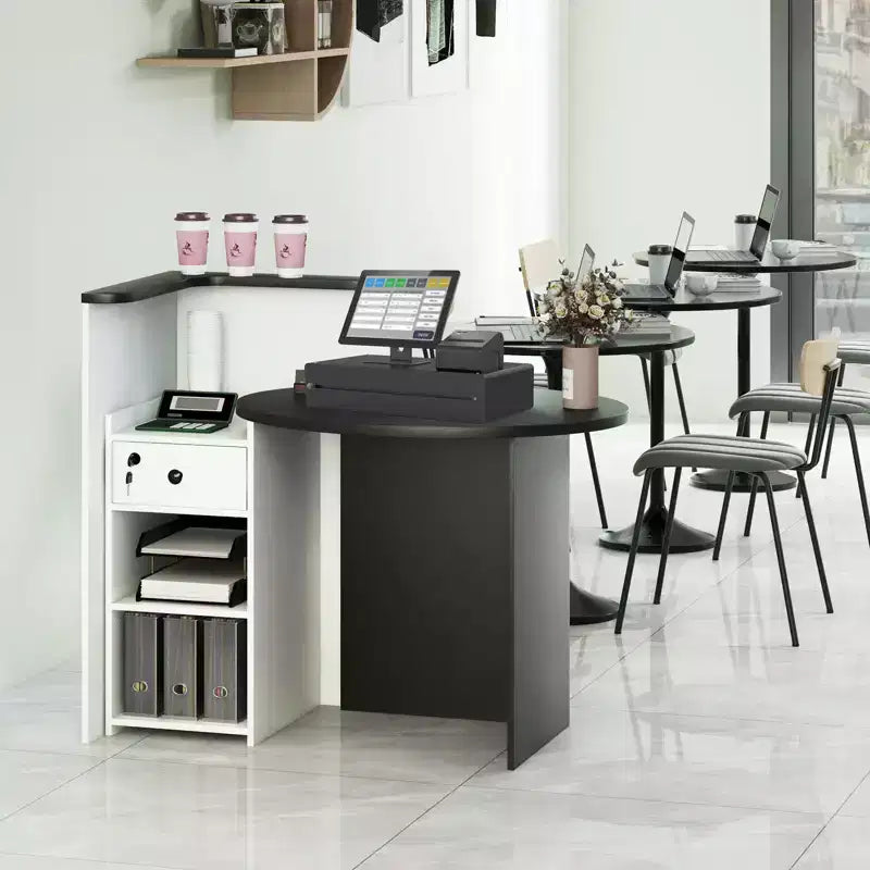 Bancone reception a L con cassetto chiudibile a chiave e ripiano aperto, 48"L x 27.5"P x 39.5"H
