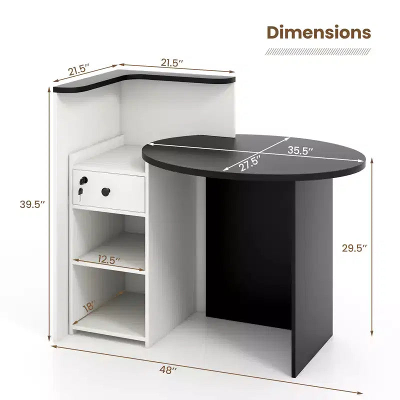 Bancone reception a L con cassetto chiudibile a chiave e ripiano aperto, 48"L x 27.5"P x 39.5"H