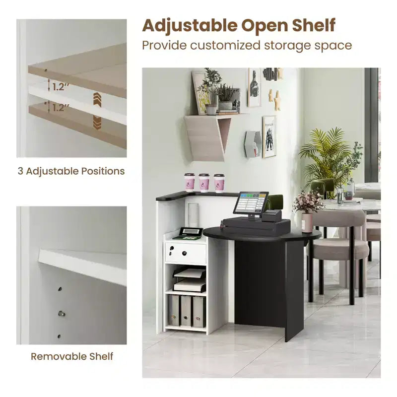 Bancone reception a L con cassetto chiudibile a chiave e ripiano aperto, 48"L x 27.5"P x 39.5"H
