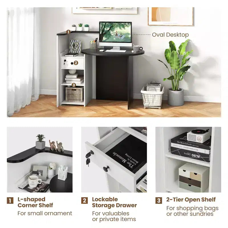 Bancone reception a L con cassetto chiudibile a chiave e ripiano aperto, 48"L x 27.5"P x 39.5"H