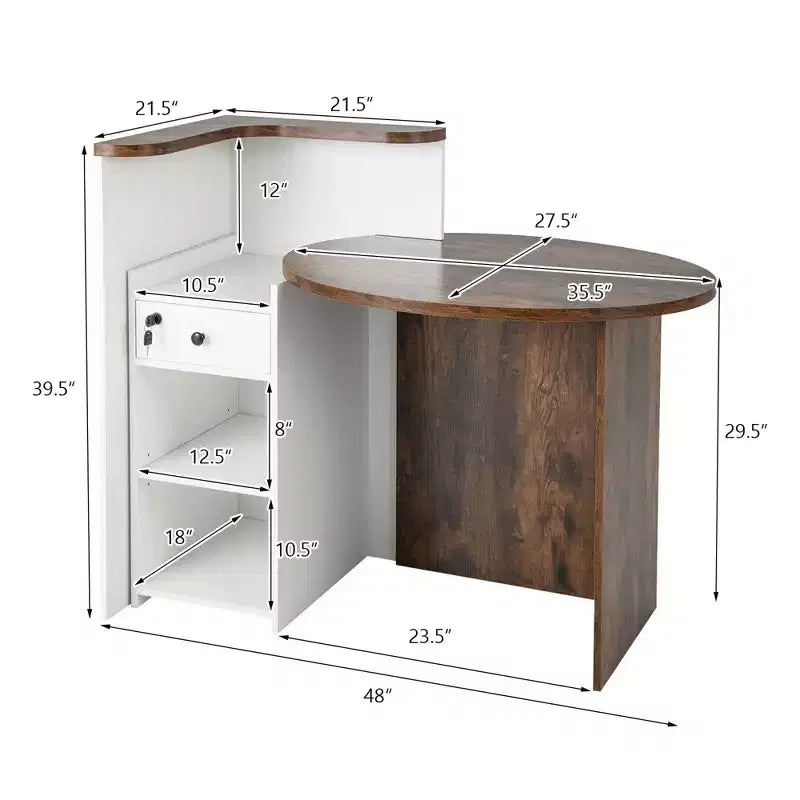 Bancone reception a L con cassetto chiudibile a chiave e ripiano aperto, 48"L x 27.5"P x 39.5"H