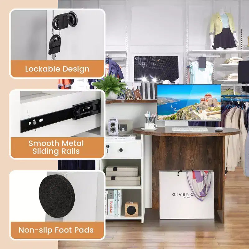 Bancone reception a L con cassetto chiudibile a chiave e ripiano aperto, 48"L x 27.5"P x 39.5"H