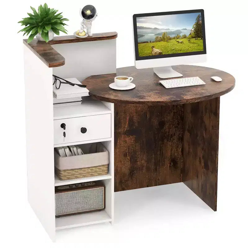 Bancone reception a L con cassetto chiudibile a chiave e ripiano aperto, 48"L x 27.5"P x 39.5"H