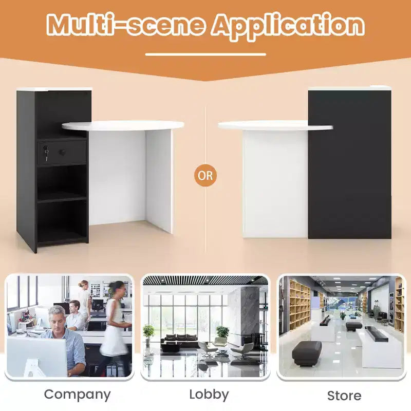 Bancone reception a L con cassetto chiudibile a chiave e ripiano aperto, 48"L x 27.5"P x 39.5"H