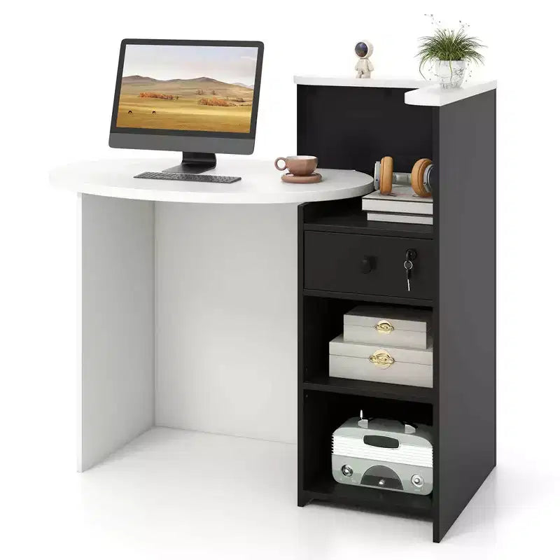 Bancone reception a L con cassetto chiudibile a chiave e ripiano aperto, 48"L x 27.5"P x 39.5"H