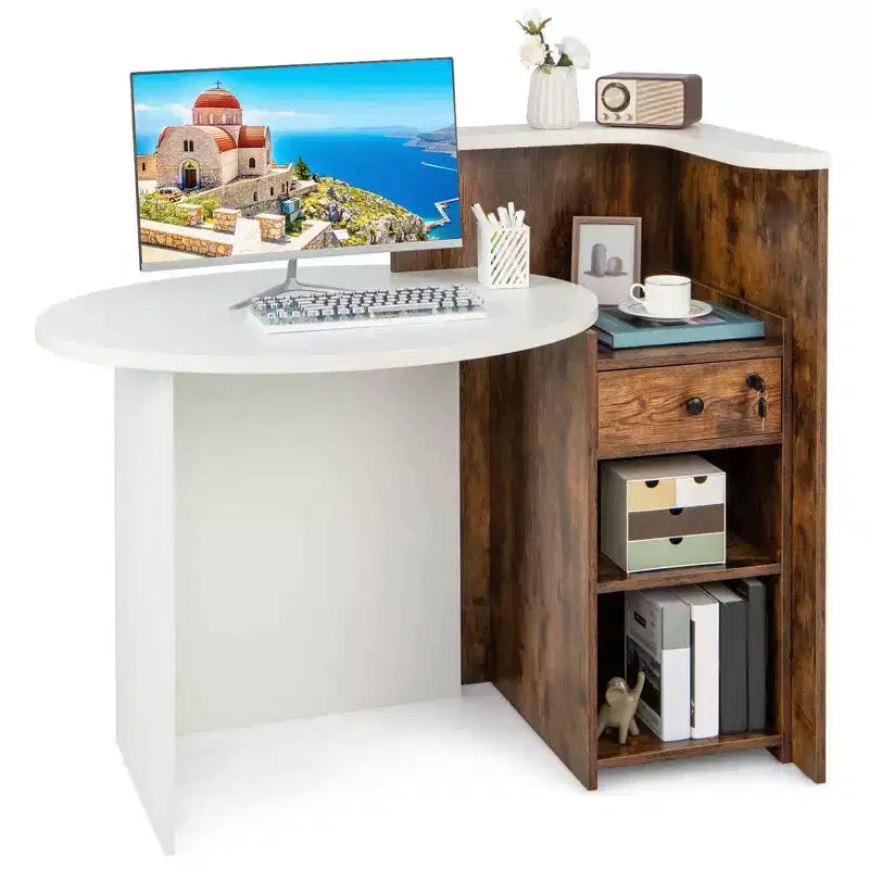Bancone reception a L con cassetto chiudibile a chiave e ripiano aperto, 48"L x 27.5"P x 39.5"H