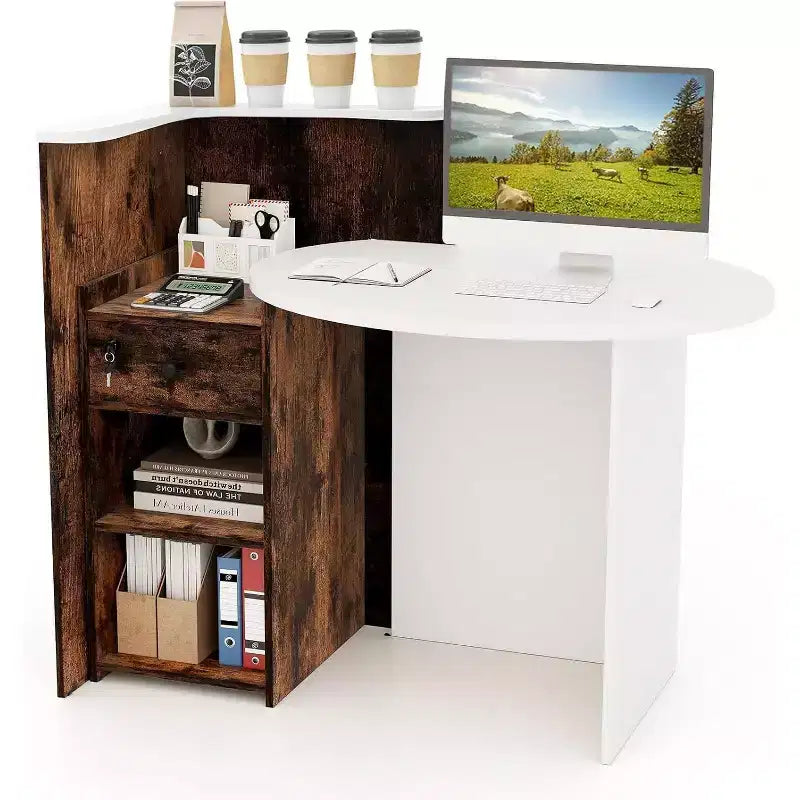 Bancone reception a L con cassetto chiudibile a chiave e ripiano aperto, 48"L x 27.5"P x 39.5"H