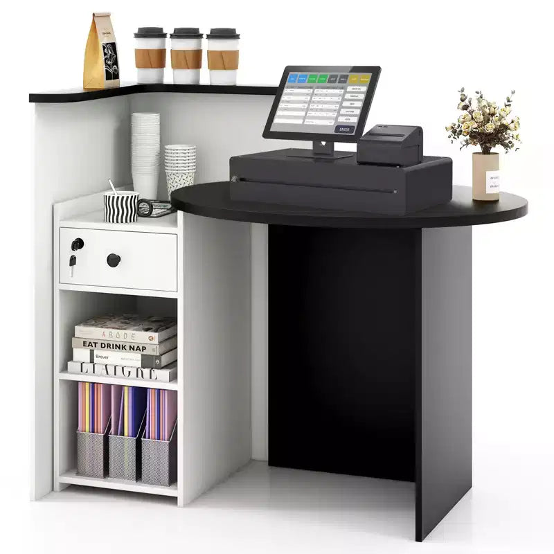 Bancone reception a L con cassetto chiudibile a chiave e ripiano aperto, 48"L x 27.5"P x 39.5"H