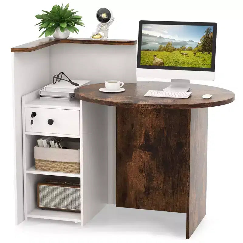 Bancone reception a L con cassetto chiudibile a chiave e ripiano aperto, 48"L x 27.5"P x 39.5"H