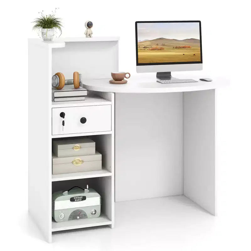 Bancone reception a L con cassetto chiudibile a chiave e ripiano aperto, 48"L x 27.5"P x 39.5"H