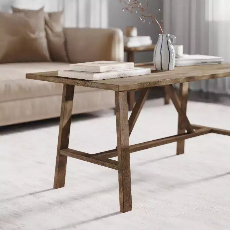 Tavolino da Salotto a Cavalletto in Legno Massello, Design a X, Capacità 136 kg