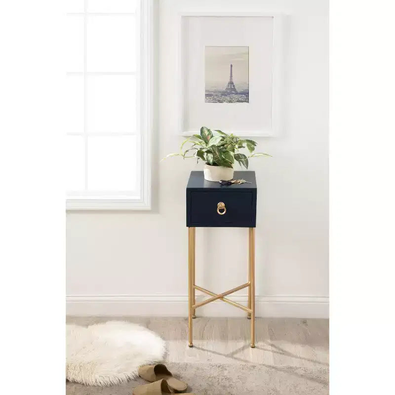 Tavolino Glamour con Cassetto, Blu Navy, 29,8 cm L x 76,2 cm H, Tavolino Salvaspazio