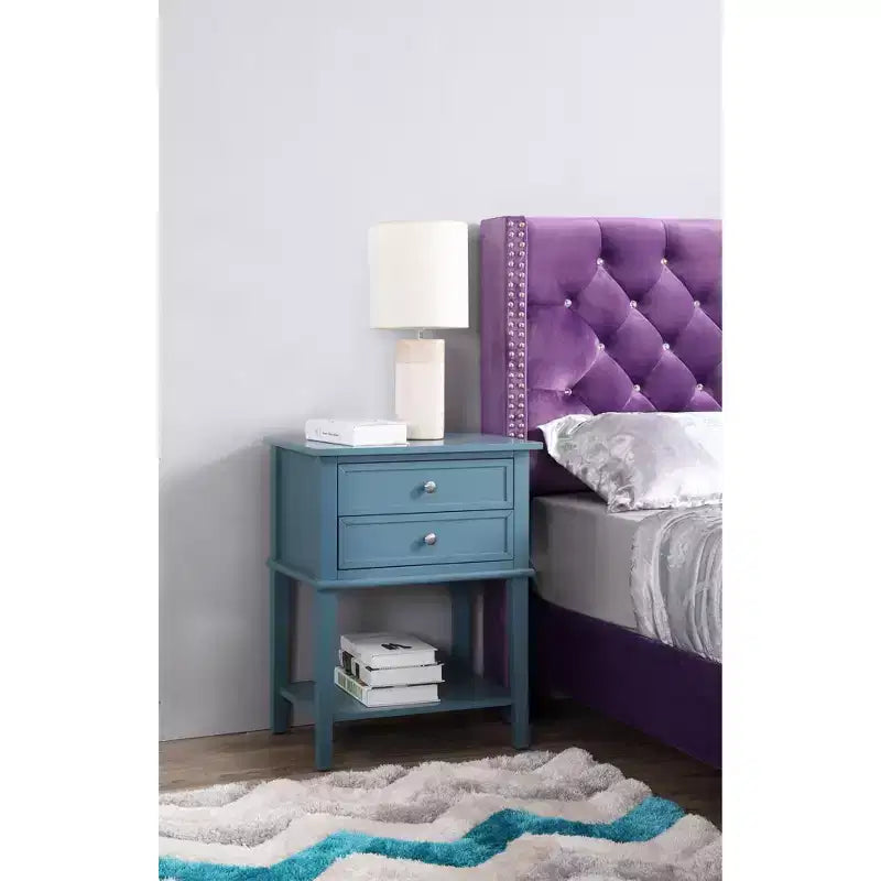 Comodino a 2 cassetti con ripiano aperto, giunzioni a coda di rondine, ferramenta in nichel, 56 cm L x 71 cm H