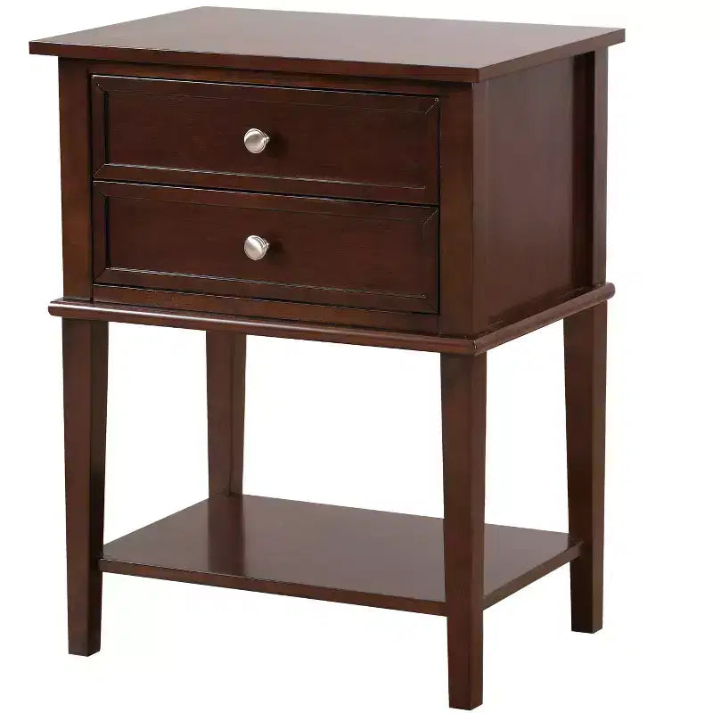 Comodino a 2 cassetti con ripiano aperto, giunzioni a coda di rondine, ferramenta in nichel, 56 cm L x 71 cm H
